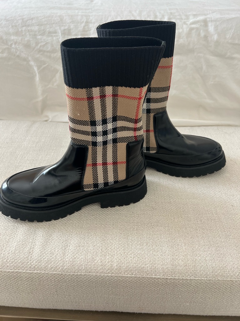 Burberry Check Rubber & Knit Boots | Eu 35 / Us 5 | Never Worn